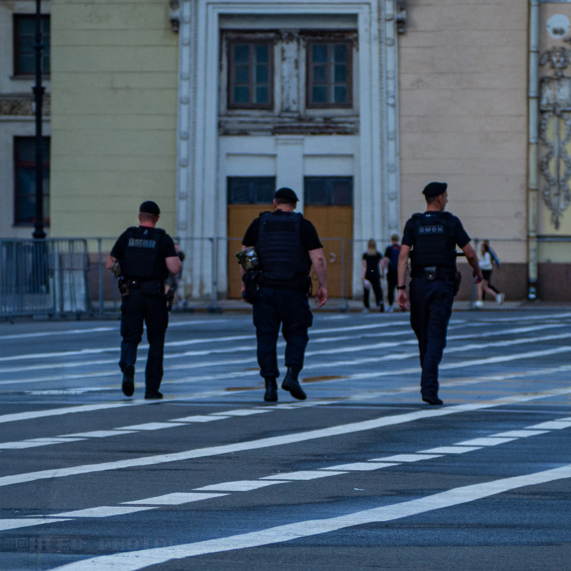 Трое сотрудников полиции со спины идут по разметке пешеходного перехода на фоне светлого городского здания.